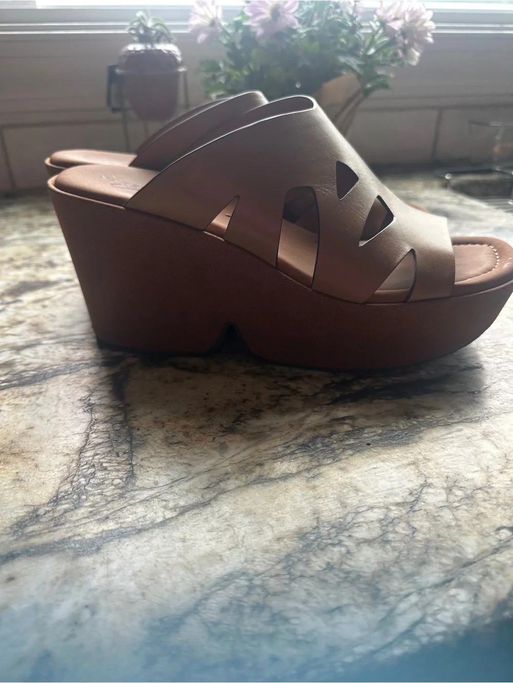 Naked Feet Cognac Cutout Platform Slide